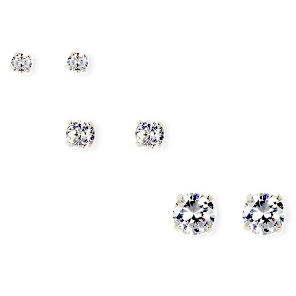 NEW Icing Silver Cubic Zirconia Round Martini 3 Set Stud Earrings 3MM, 4MM, 6MM